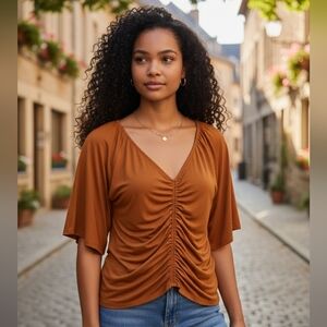 Ava & Viv Rust Ruched V-Neck Blouse Short Sleeve 2X